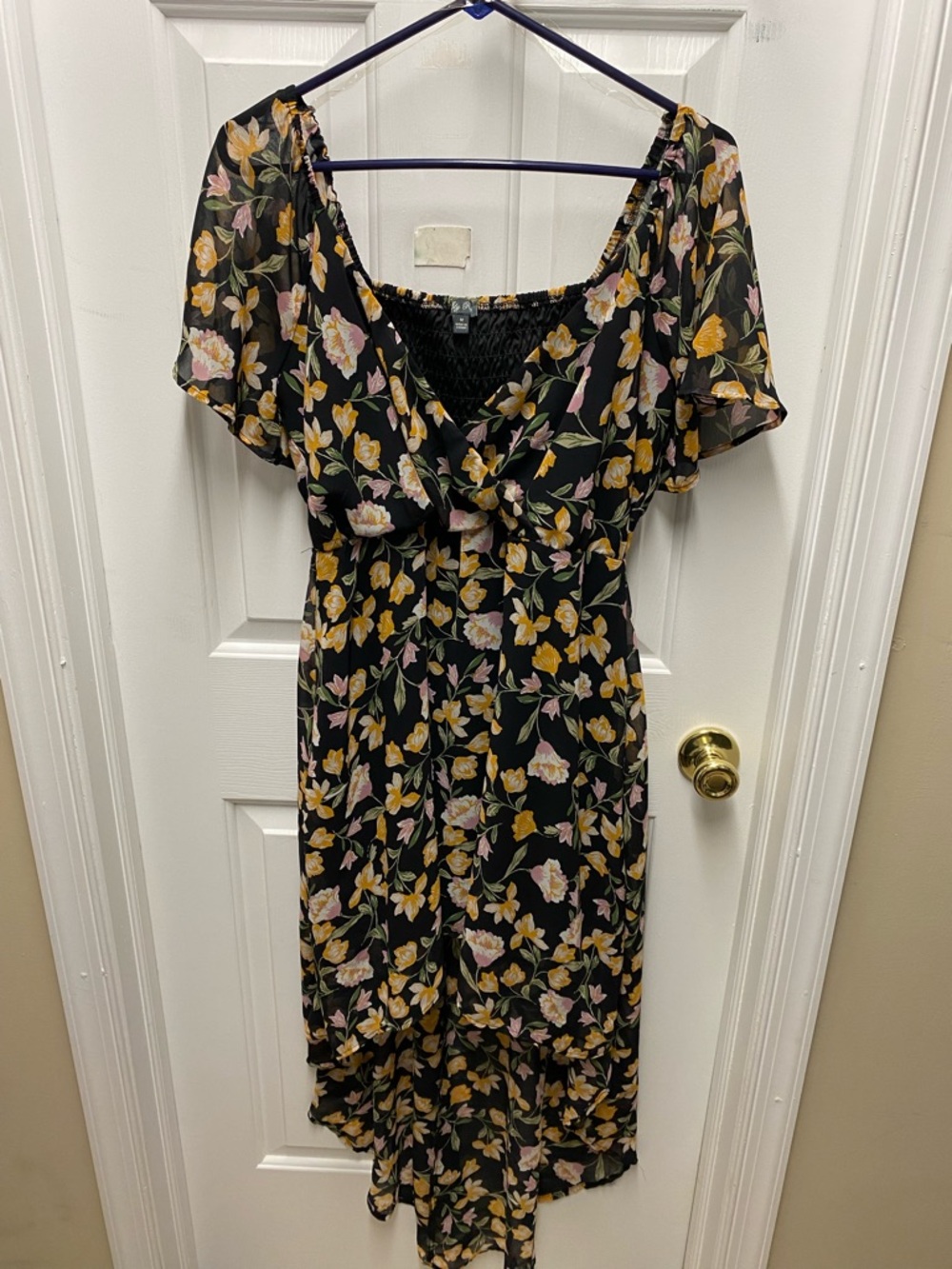 Black Floral Tie-Front Midi Dress with Flutter Sleeves